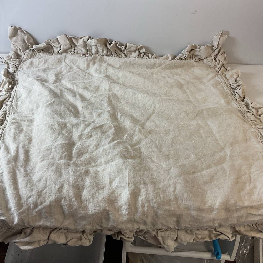 Pottery Barn Belgian Flax Linen Fringe Ruffle Euro Pillow Sham tan EUC